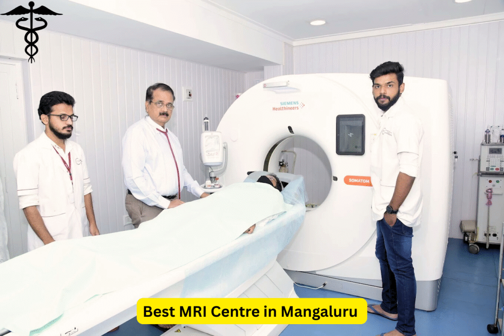 Doctors performing MRI scan using Siemens machine at one of the best MRI centres in Mangaluru – clean facility and expert staff.