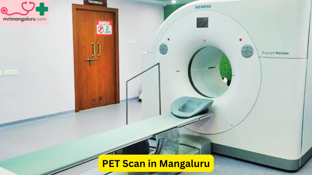 PET scan machine inside a diagnostic imaging room at a medical facility in Mangaluru, featuring a Siemens Biograph Horizon scanner with a patient bed, and a "Do Not Enter" warning sign on the technical room door.